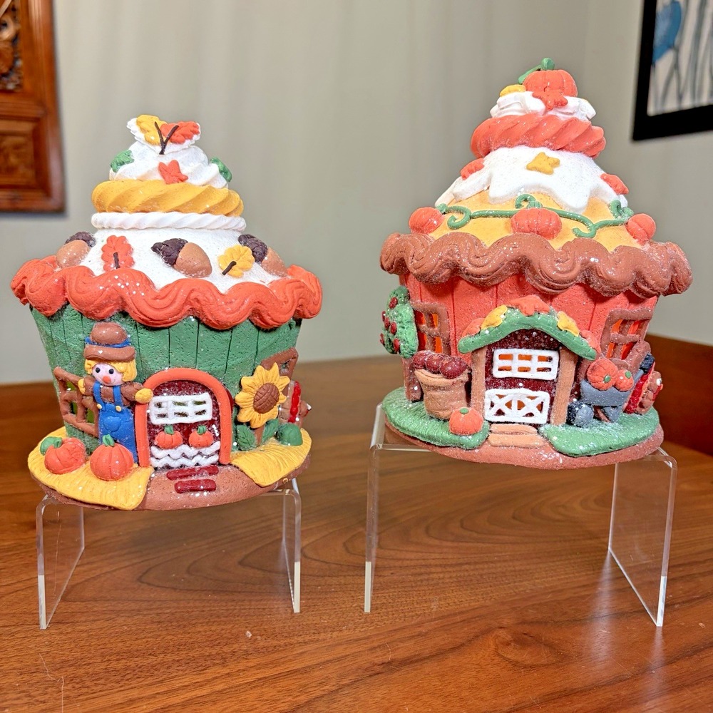 Valerie Parr Hill Illuminated Fall Harvest Cupcake Cottages Set 2 Discontinued